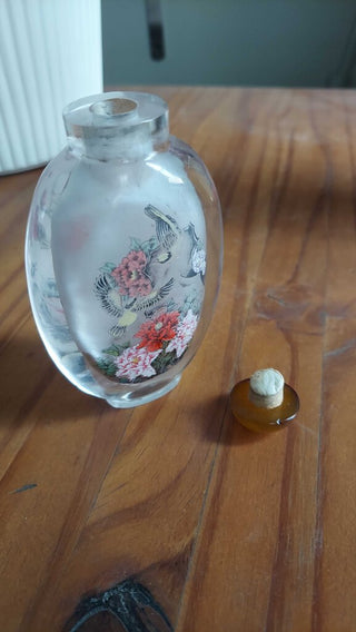 Chinese Reverse Hand Painted Glass Snuff Bottle With Amber Cap FIRM