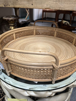 Extra Large Rattan & Cane Round Serving Tray 22" dia