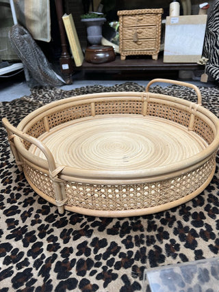 Extra Large Rattan & Cane Round Serving Tray 22" dia