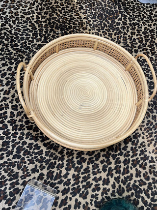 Extra Large Rattan & Cane Round Serving Tray 22" dia