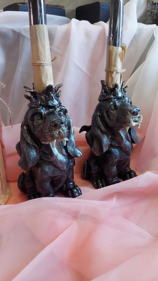 (2) Artist Original - Demon Hounds Tapper Candle holder sculpture art, (SET) FIRM