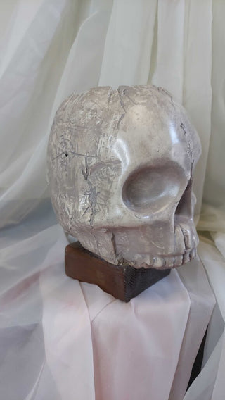 Artist Original - large human skull pillar candle holder, life size plaster sculpture, no mandible. Very heavy. Glow in dark UV blacklight reactive.FIRM