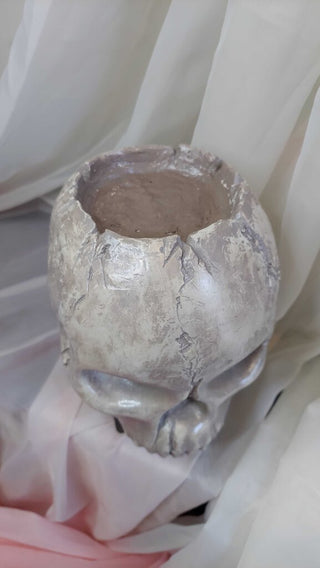 Artist Original - large human skull pillar candle holder, life size plaster sculpture, no mandible. Very heavy. Glow in dark UV blacklight reactive.FIRM