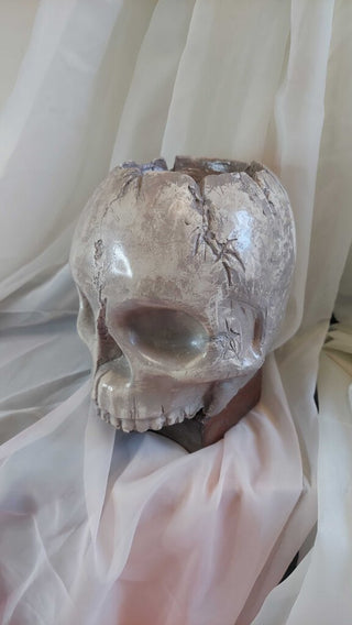 Artist Original - large human skull pillar candle holder, life size plaster sculpture, no mandible. Very heavy. Glow in dark UV blacklight reactive.FIRM