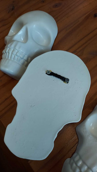 Artist Original - White Human Skull Face, plaster Sculpted, Wall Mount, Glow in the dark UV blacklight reactive FIRM