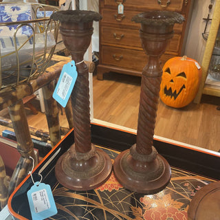 Vintage blood orange brass column candle holders