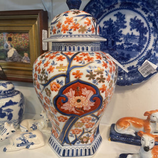 Vintage Blue & Orange Imari temple jar