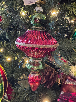 7” Red and Green Finial Hand Painted Glass Ornament