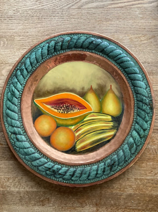 vtg copper enamel plate w papaya still life painting