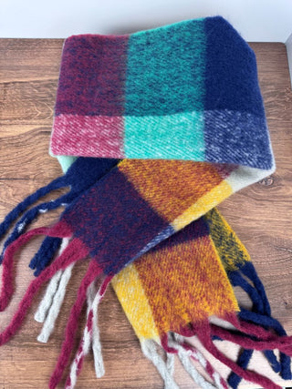 Brushed Plaid Blue & Yellow Wide Scarf with Fringe