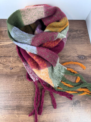Orange & Burgundy Super Soft Plaid Scarf with Fringe - 72" x 14"