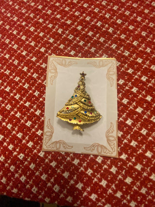 Gold Christmas Tree Brooch w\Rhinestones-ty