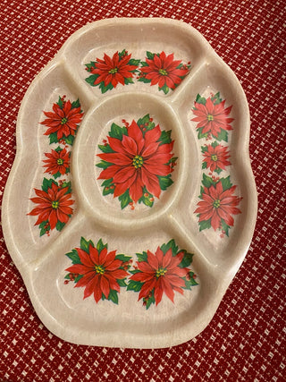Vtg Poinsettia Divided Serving Platter-Plastic
