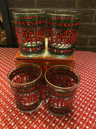 Vtg Season's Greeting Glasses-Stained Glass Design (Set of 4)
