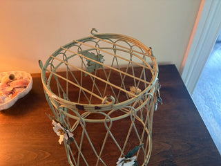 vintage wastebasket light green wire with flowers