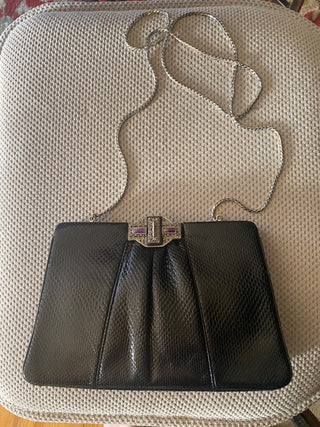 Judith Leiber Black Snakeskin Clutch w|Art Deco Crystal Clasp