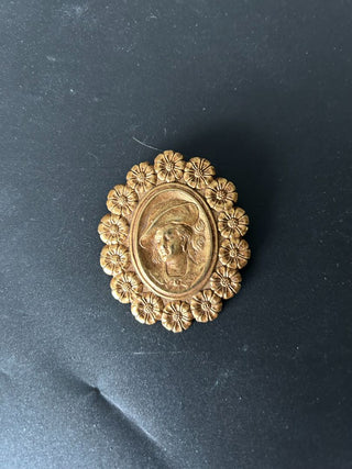 Brass Repousse Brooch Woman in Hat
