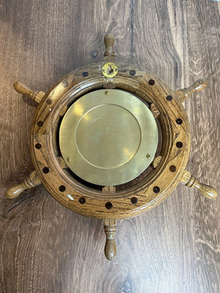 Nautical Ship Steering Wheel Clock, Oak and Brass
