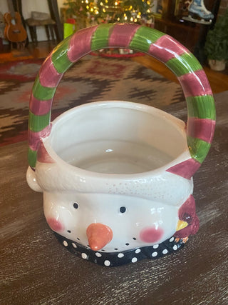 Snowman Basket Ceramic w\Handle-JAY 1998-ty