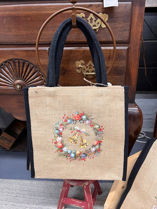 Christmas Burlap Tote Bag- Ornament Wreath w Bells In Middle