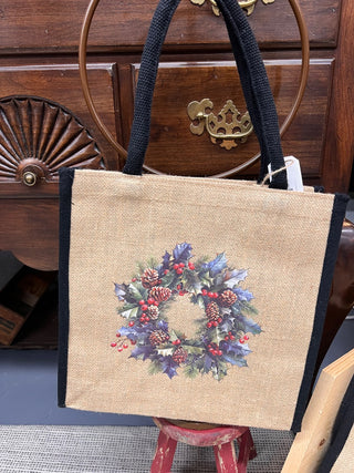 Christmas Burlap Tote Bag-Natural Wreath w Pinecones & Berries