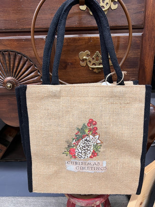 Christmas Burlap Tote Bag- Christmas Greetings w Pinecone