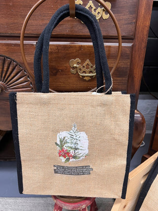 Christmas Burlap Tote Bag- Pine Tree, Poinsettia & Saying