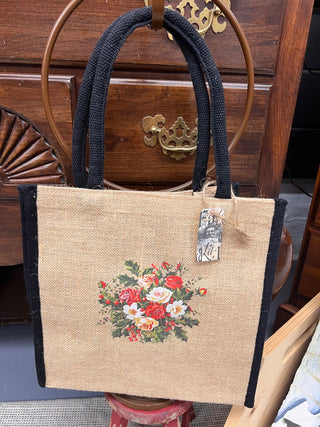 Christmas Burlap Tote Bag-Roses and Holly