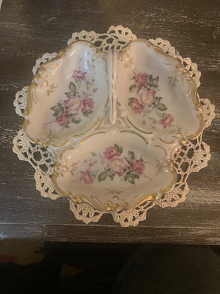 Vtg Lefton Pink Roses 3 Section Dish-Porcelain