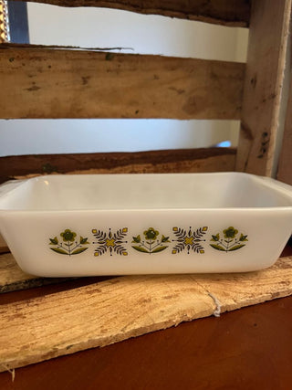 White Fireking Bread Baking Pan with Green Flowers