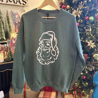 Green Sweatshirt with White Vintage Santa Face - Large