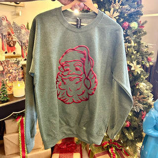 Green Sweatshirt with Red Vintage Santa Face - Large