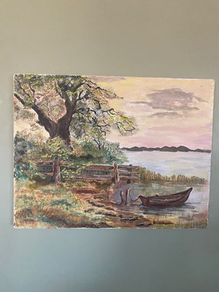 Lake Shoreline with Canoe Painting-D. Lewis-Unframed-ty