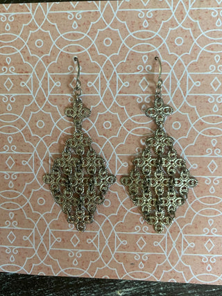 Silver Diamond Shape Chandelier Earrings-Pierced-ty