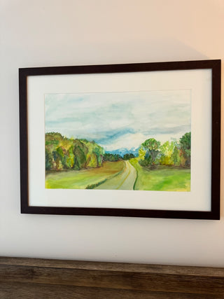 Framed Watercolor of Road Through the Woods - Not Signed