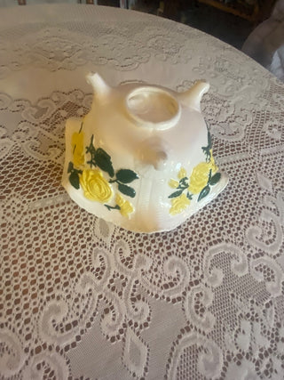 Vtg Footed Ceramic Bowl with Yellow Rose Details and Ruffled Rim