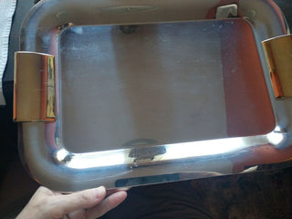 INOX BECK 18-10 STAINLESS STEEL ART DECO TRAY WITH GOLD HANDLES MADE IN ITALY