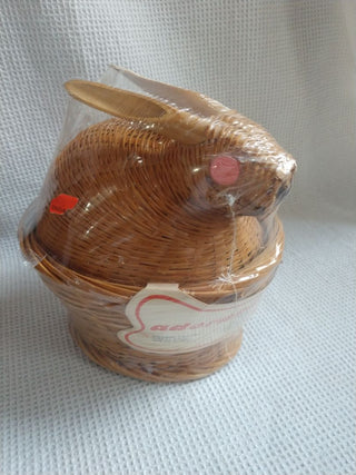 Vtg Handwoven Wicker Rabbit Shaped Basket W/ Lid Rattan NIP