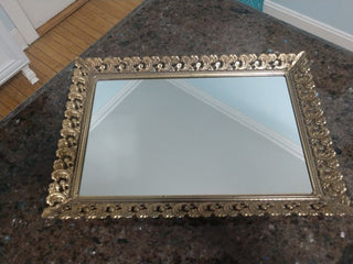 Vtg Gold Tone Mirror Vanity Tray Filigree Metal Regency Large 11"x16"