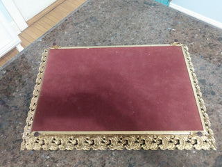 Vtg Gold Tone Mirror Vanity Tray Filigree Metal Regency Large 11"x16"