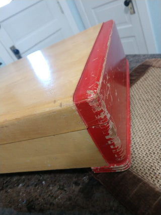VTG Large Pine Tone & Chippy Red Solid Wood Silverware Flatware Chest Box