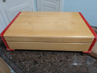 VTG Large Pine Tone & Chippy Red Solid Wood Silverware Flatware Chest Box