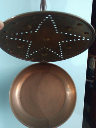 Antique brass bed warmer 19th c. decorated turned maple handle