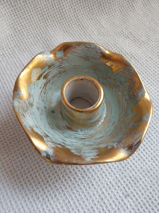Vtg Stangl Ceramic Candle Holders Seafoam And Gold #5069