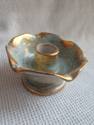 Vtg Stangl Ceramic Candle Holders Seafoam And Gold #5069