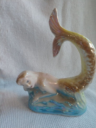 Vintage Art-Deco Lusterware Ceramic Figurines Mermaids Made in Brazil 7.5"