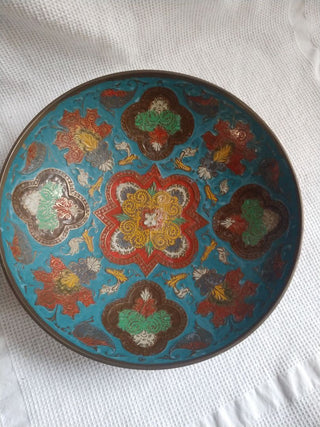 VINTAGE BRASS & ENAMEL BOWL Peacock & Flowers Made in India - Colorful 9.5"