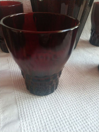 Vntg MCM Ruby Red Glass Ice Bucket with Metal handle & 4 Glasses Anchor Hocking