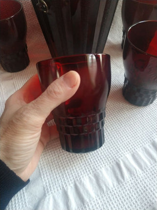 Vntg MCM Ruby Red Glass Ice Bucket with Metal handle & 4 Glasses Anchor Hocking