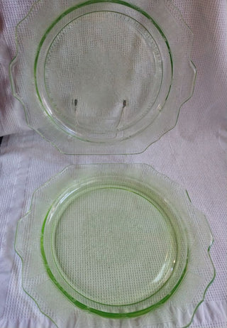 Set of 2 Uranium Green Depression Glass Plates